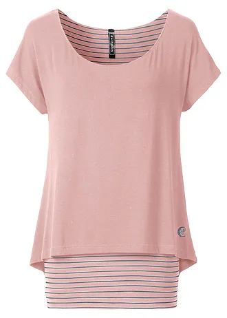 T-shirt long en viscose douce et extensible, Couleur: vieux rose-gris fumé rayé