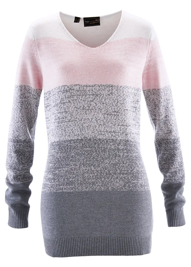 Dlouhý svetr s podílem kašmíru • jemně růžově-šedý melír s pruhy • bonprix obchod