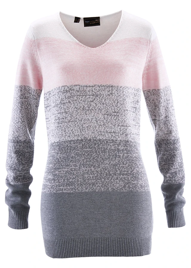 Pull long avec cachemire, Couleur: rose dragée/gris chiné rayé