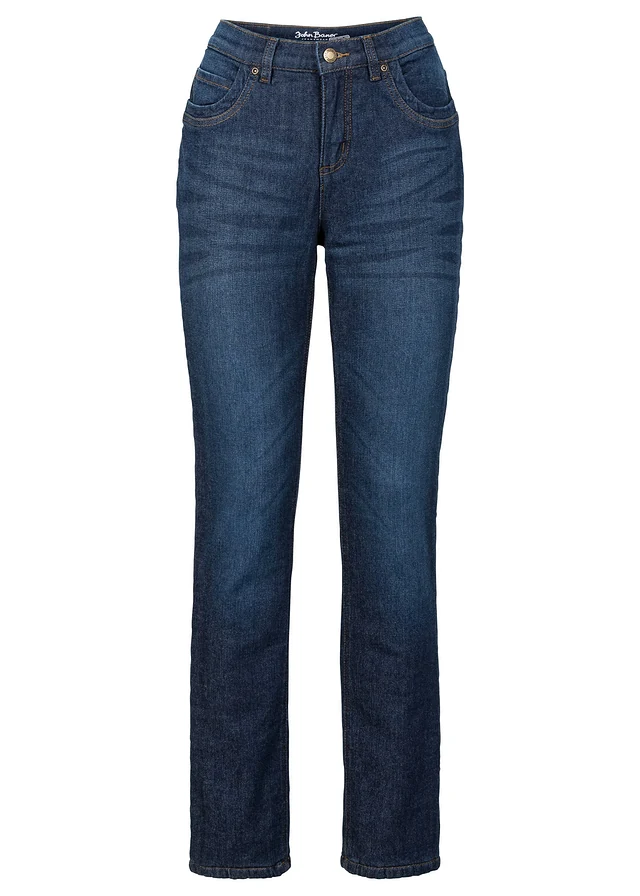 Jean droit taille haute, thermique, Couleur: bleu foncé used