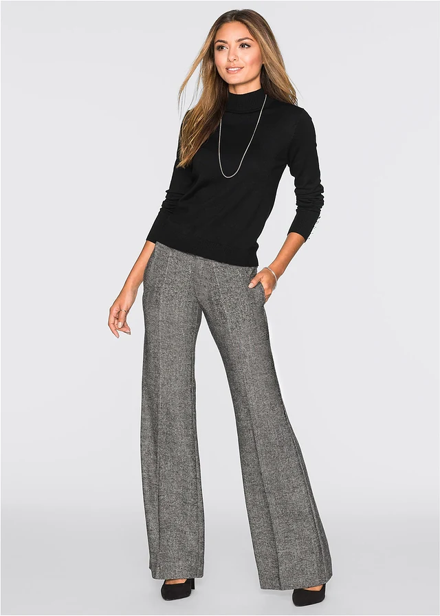 Broek met wijde pijpen, korte maten, Kleur: grijs-zwart mêlee