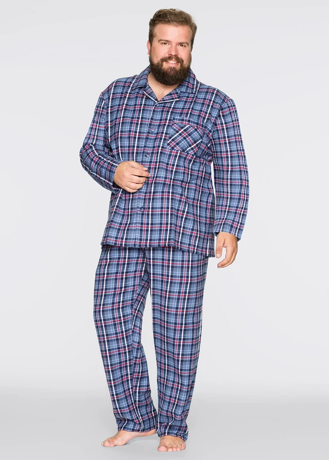 Pyjama en flanelle avec boutons et manches longues, Couleur: bleu carreaux