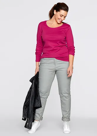 Katoenen longsleeve met ronde hals, Kleur: donkerpink