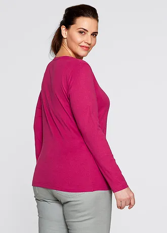 Katoenen longsleeve met ronde hals, Kleur: donkerpink