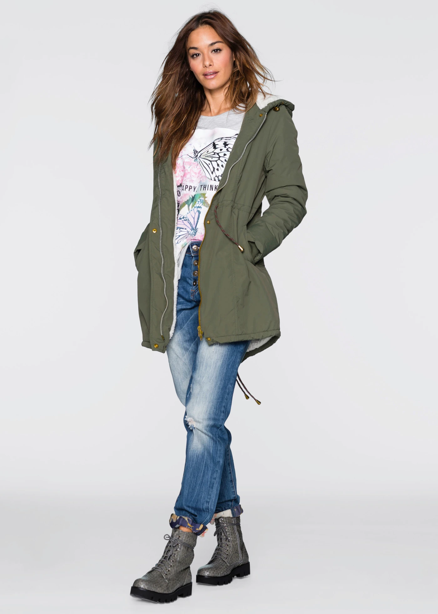 Parka s flísem z medvídkového plyše • olivová • bonprix obchod