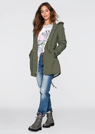 Parka met teddy fleece, Kleur: olijfgroen