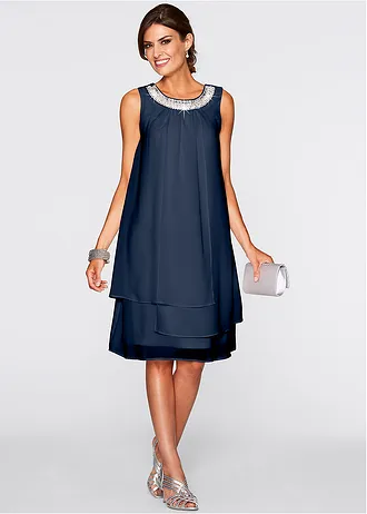 Robe en crêpe avec application de strass, Couleur: bleu foncé