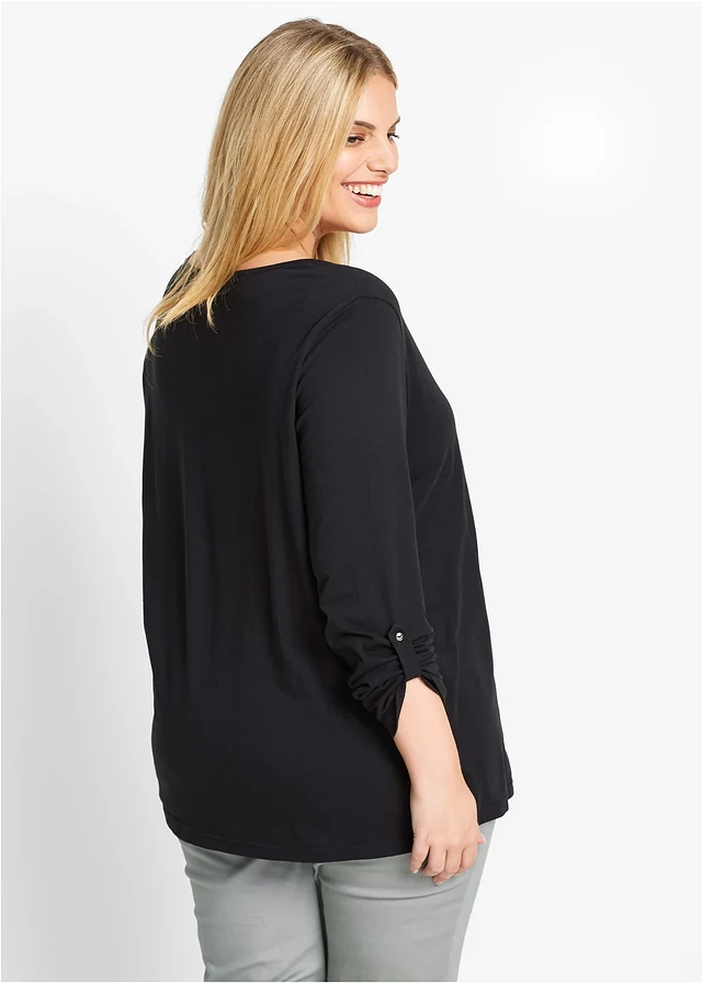T-shirt manches longues à col boutonné, 100% coton, Couleur: noir