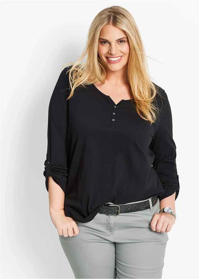 T-shirt manches longues à col boutonné, 100% coton, Couleur: noir