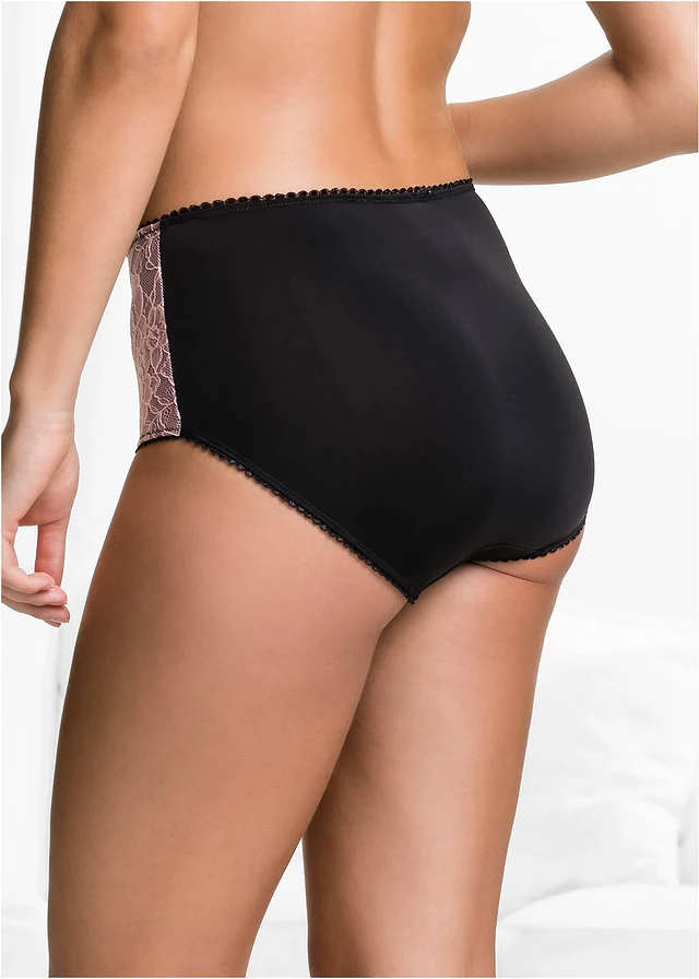Lot de 3 slips maxi microfibre et dentelle, Couleur: noir / rose