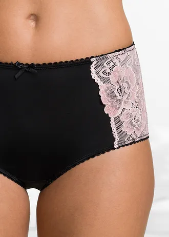 Lot de 3 slips maxi microfibre et dentelle, Couleur: noir-rose