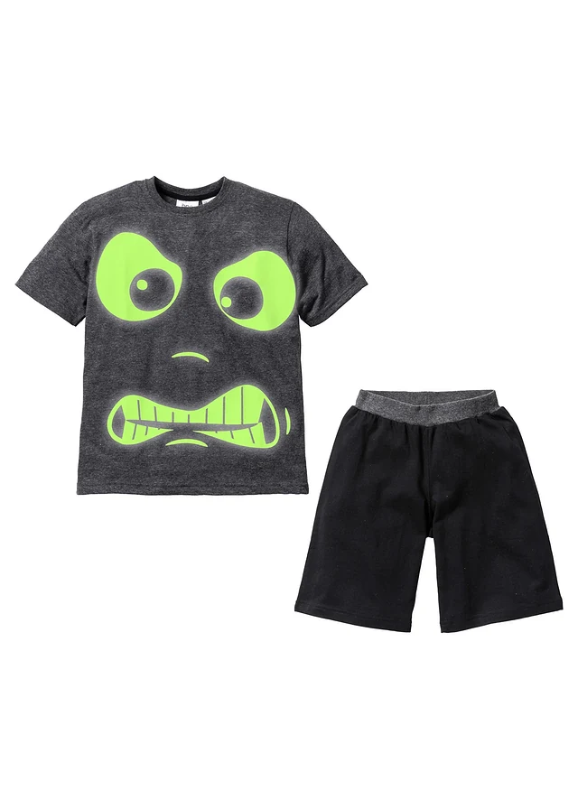 Shortama «Glow in the Dark» (2-dlg. set), Kleur: antraciet gemêleerd/zwart