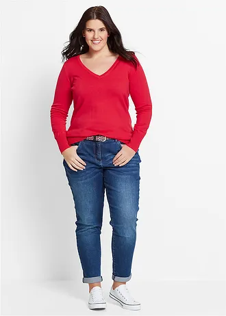 Fijngebreide trui met V-hals, Kleur: rood