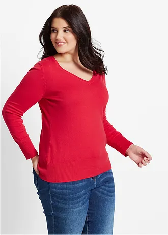 Fijngebreide trui met V-hals, Kleur: rood