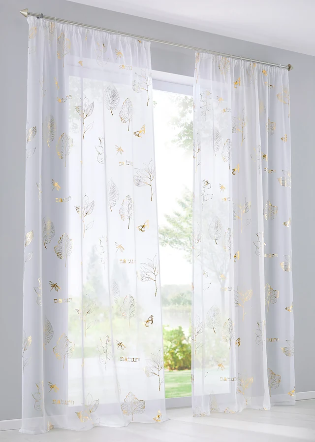 Transparant gordijn met glanzende print (1 stuk), Kleur: wit-goud