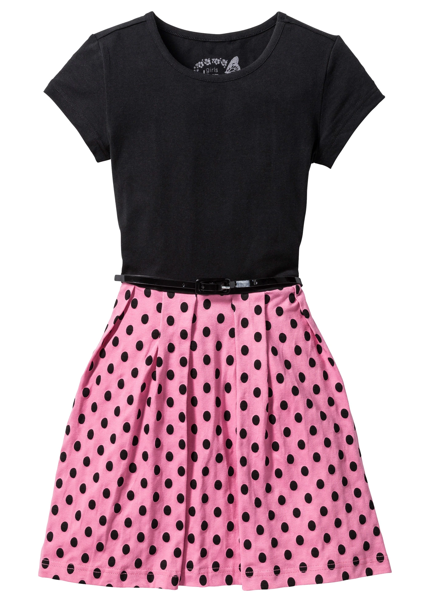 Meisjes jurk met riem en biologisch katoen • zwart - knalroze • bonprix online shop