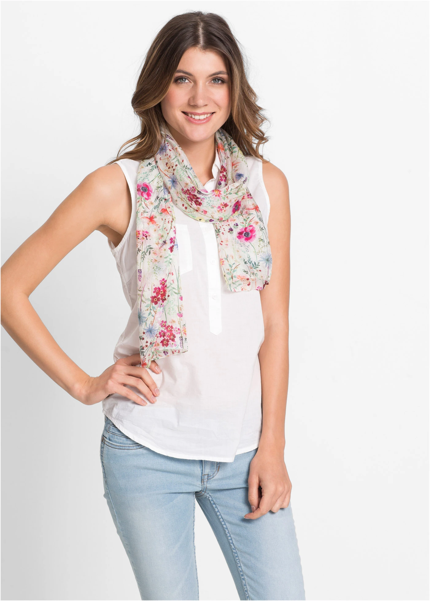 Şal de mătase • crem floral • magazin bonprix