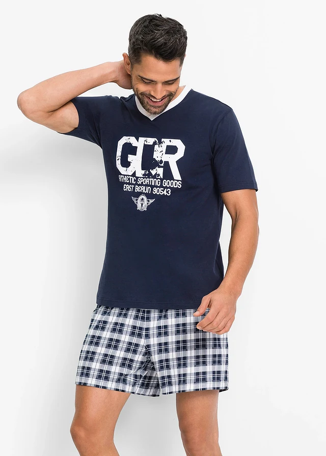 Pyjashort, Couleur: bleu foncé   blanc