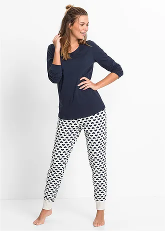 Pyjama coton • bleu foncé-écru chiné imprimé • Boutique bonprix