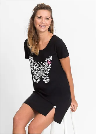 Krátká noční košile z organické bavlny • černá s potiskem • bonprix obchod