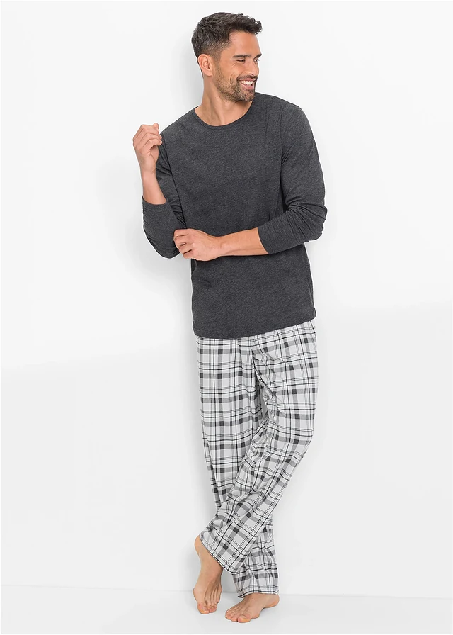 Pyjama à manches longues, Couleur: anthracite chiné carreaux