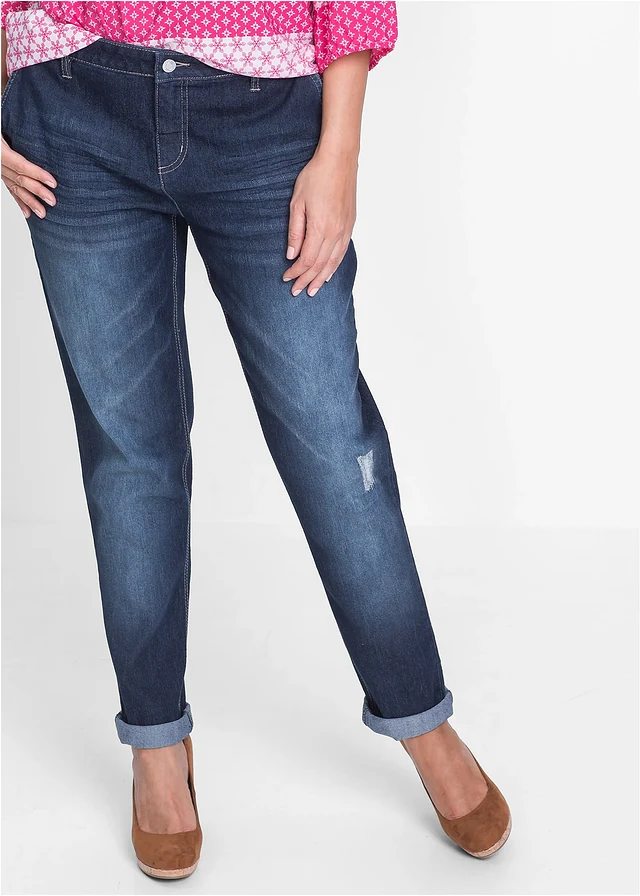 Boyfriend jeans, mid waist, comfort stretch, Kleur: donkerblauw denim used