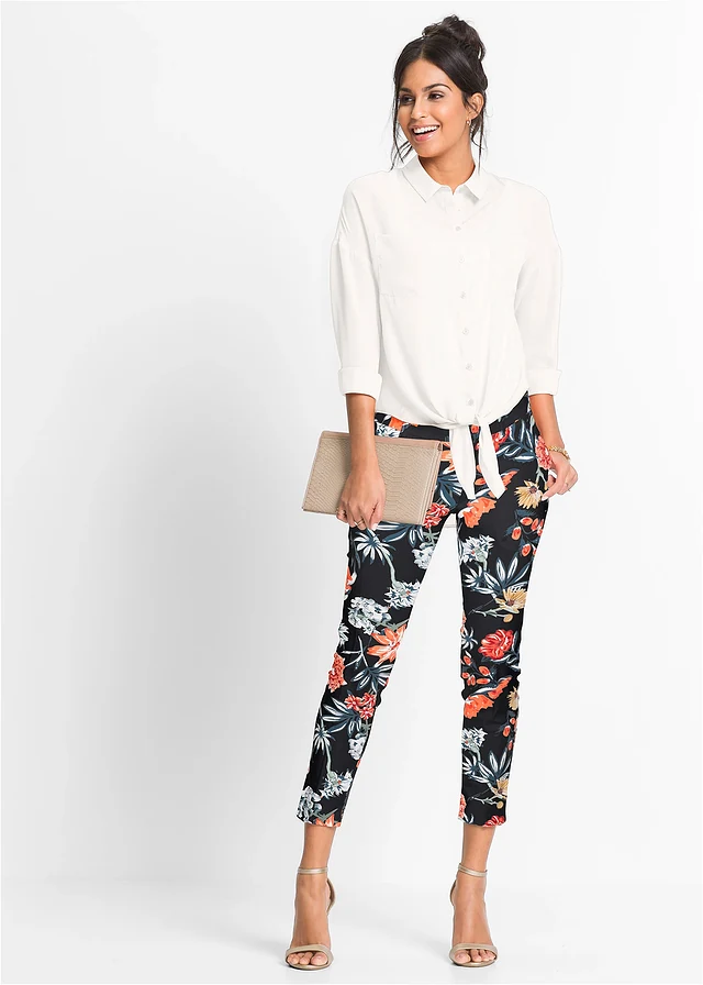 7/8 stretch broek, Kleur: zwart gebloemd