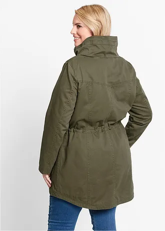 Korte katoenen parka met opstaande kraag, getailleerd, Kleur: kakigroen