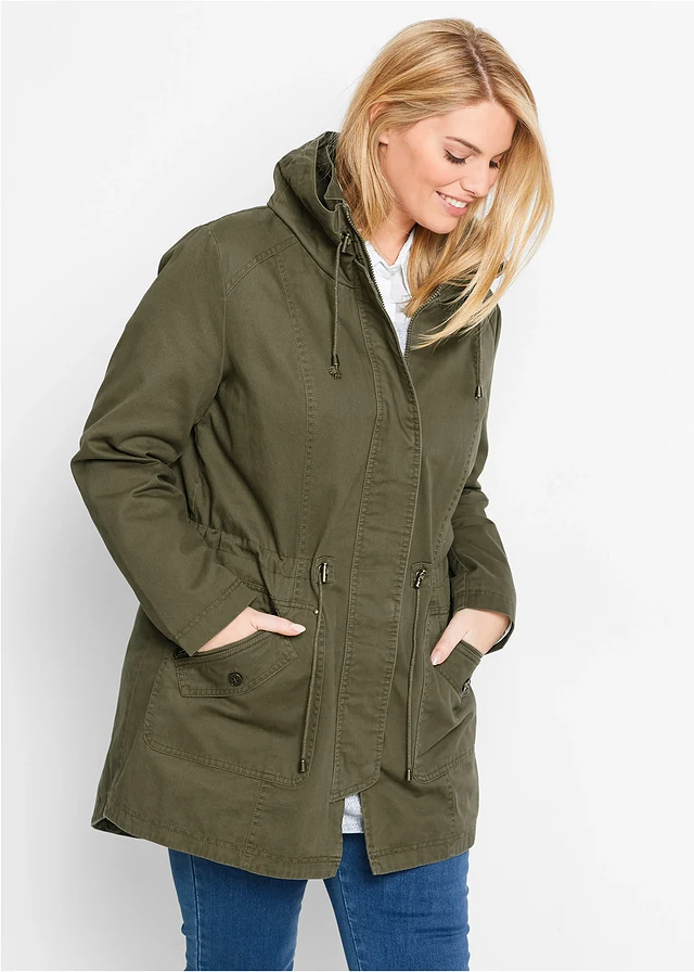 Korte katoenen parka met opstaande kraag, getailleerd, Kleur: kakigroen