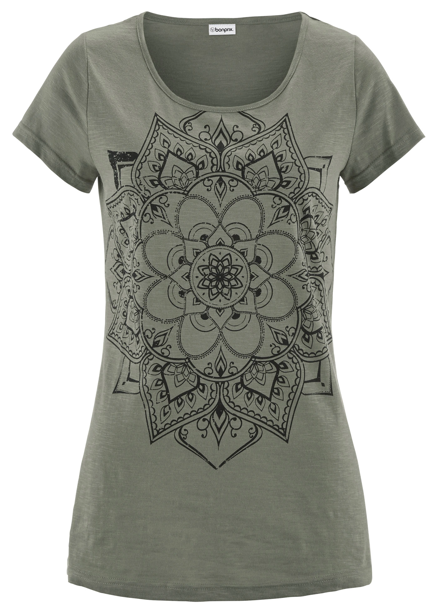 Žíhané tričko, krátký rukáv • olivová s grafickým potiskem • bonprix obchod