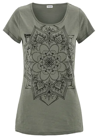 Žíhané tričko, krátký rukáv • olivová s grafickým potiskem • bonprix obchod