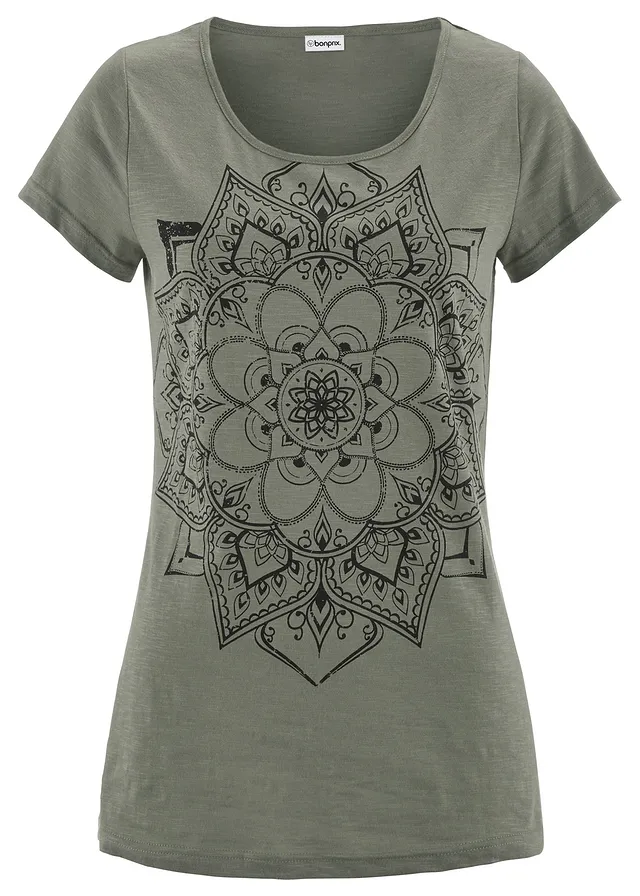 Žíhané tričko, krátký rukáv • olivová s grafickým potiskem • bonprix obchod