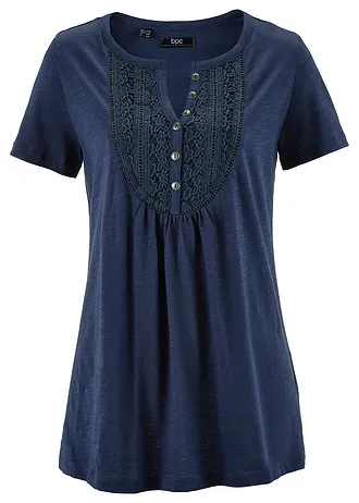 T-shirt coton fil flammé manches courtes, Couleur: bleu foncé