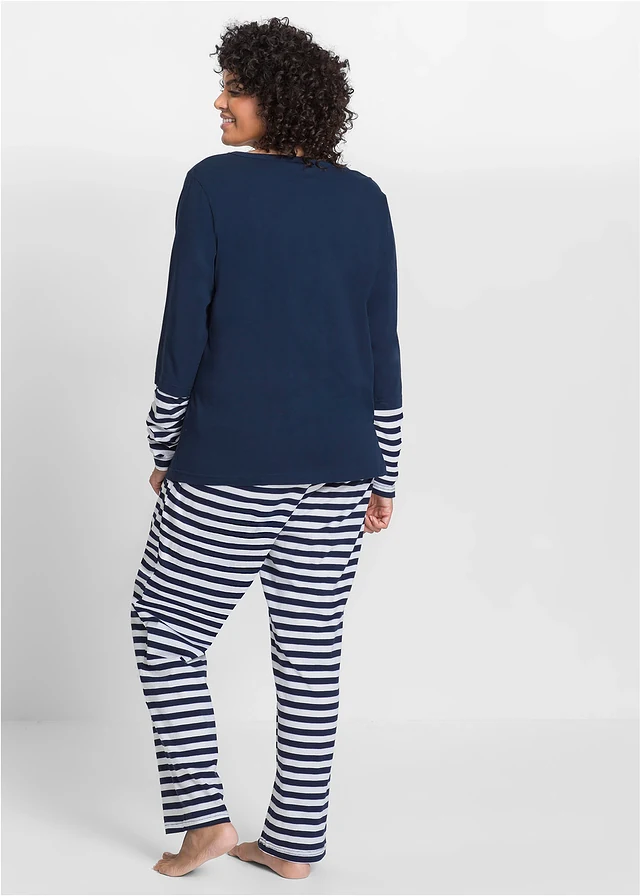 Pyjama 100% coton, Couleur: bleu foncé-blanc rayé