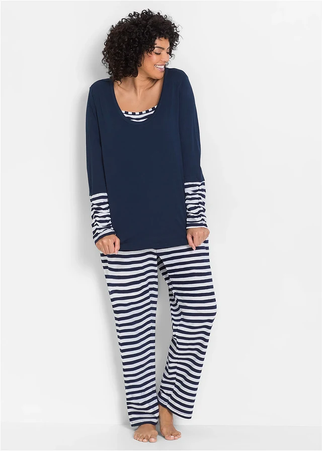 Pyjama 100% coton, Couleur: bleu foncé-blanc rayé