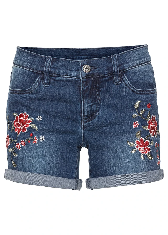 Jeans short met borduursel, Kleur: blauw gebloemd