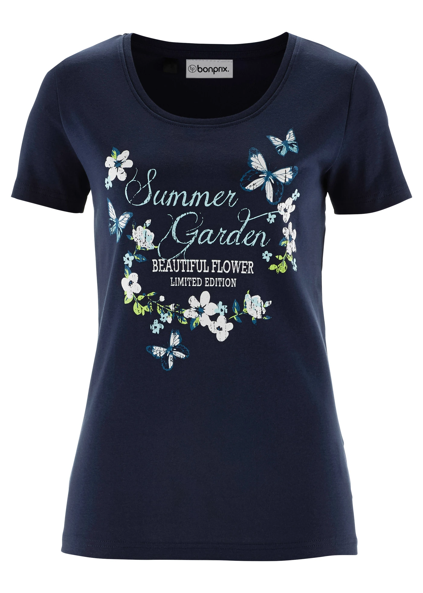 Koszulka bawełniana, krótki rękaw • granatowy z nadrukiem • sklep bonprix
