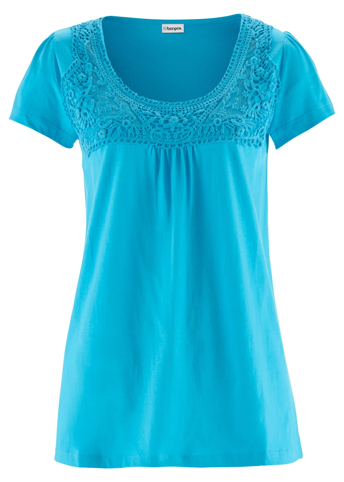 Koszulka bawełniana z koronką i krótkim rękawem • niebieski karaibski • sklep bonprix