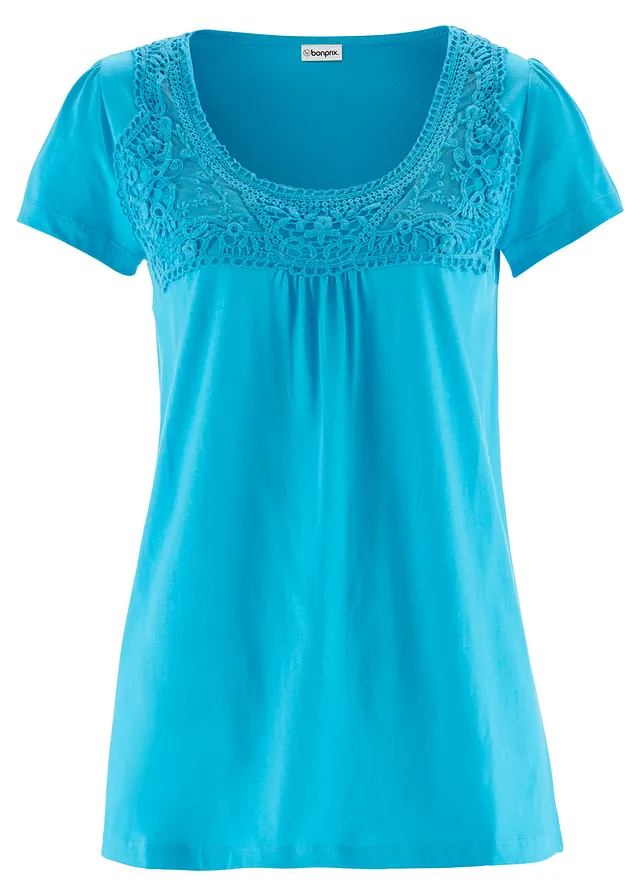 Bavlněné tričko s krajkou, krátký rukáv • karibsky modrá • bonprix obchod