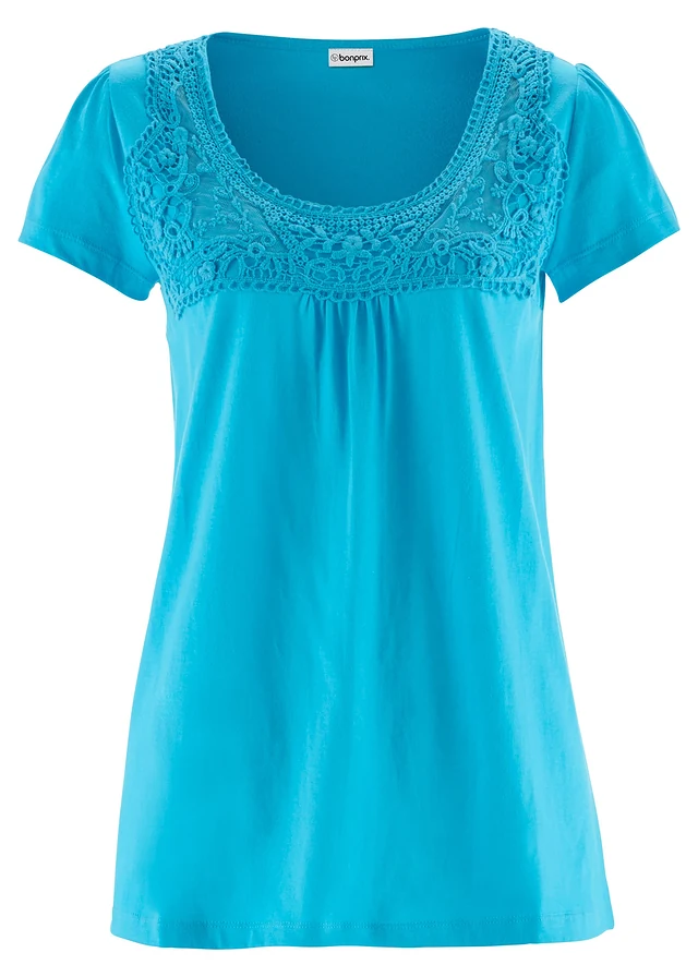 Katoenen shirt met kant, korte mouw, Kleur: Caraïbisch blauw