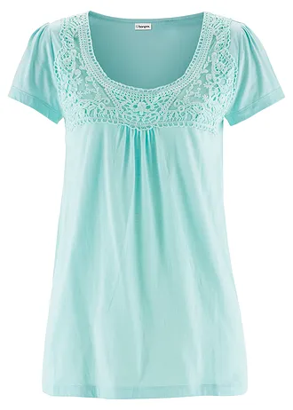 Bavlněné tričko s krajkou, krátký rukáv • polární mátová • bonprix obchod