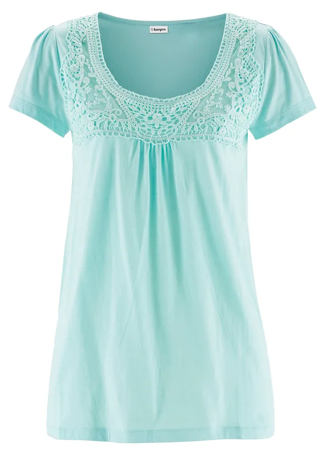 Bavlněné tričko s krajkou, krátký rukáv • polární mátová • bonprix obchod