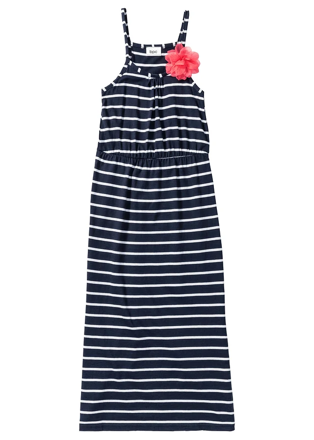 Robe longue fille avec fleur en coton, Couleur: bleu foncé/blanc rayé