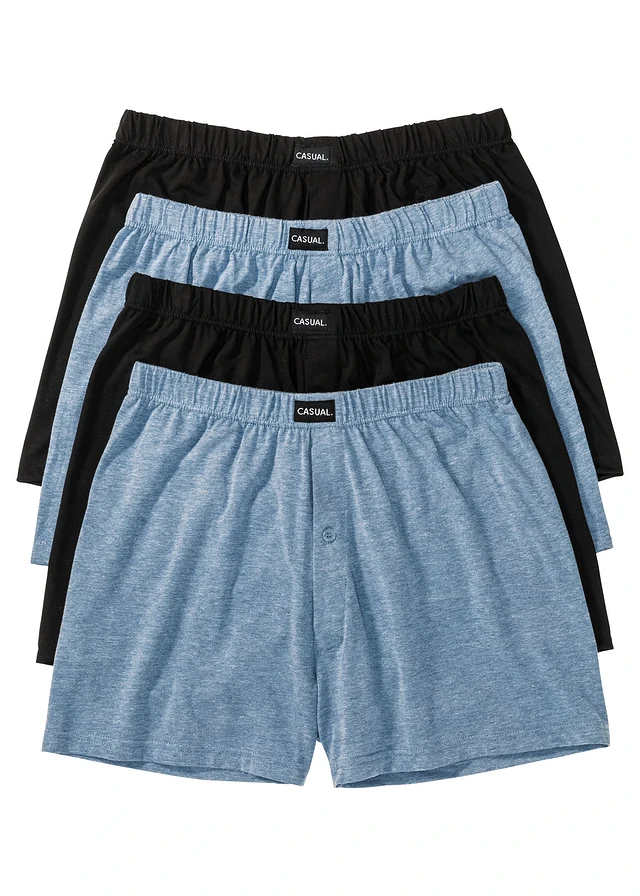 Lot de 4 caleçons en jersey coton doux, Couleur: noir + bleu chiné