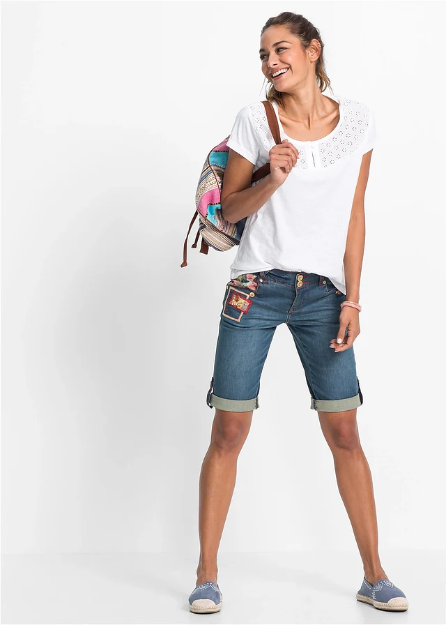 Bermuda en jean, taille mi-haute, Couleur: bleu denim floral