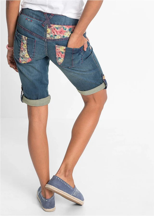 Jeans bermuda, mid waist, Kleur: blauw denim gebloemd