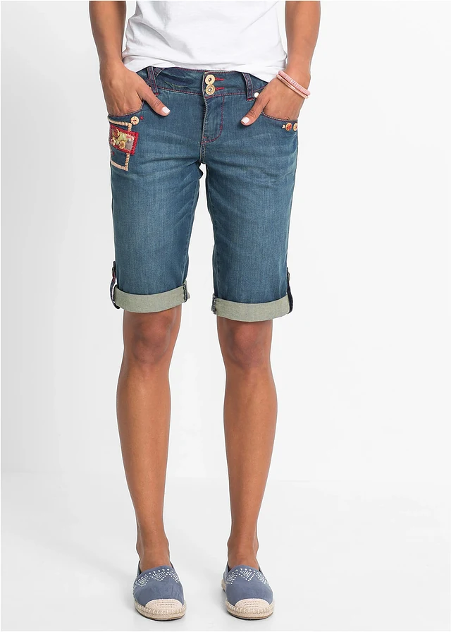 Jeans bermuda, mid waist, Kleur: blauw denim gebloemd