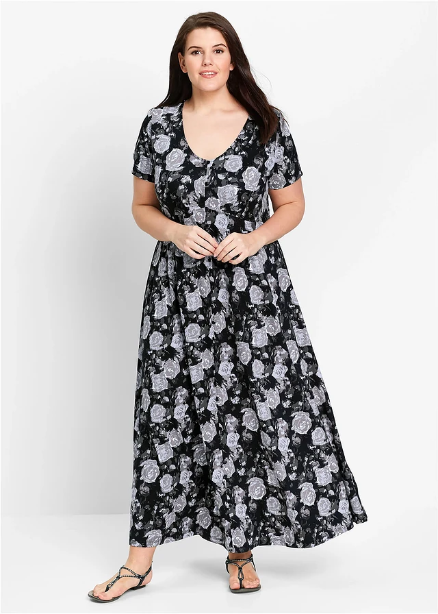 Robe longue et fluide en viscose extensible, Couleur: noir floral