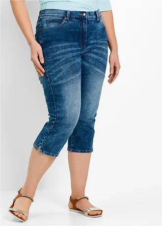 Mid waist stretch jeans, straight, Kleur: blauw denim