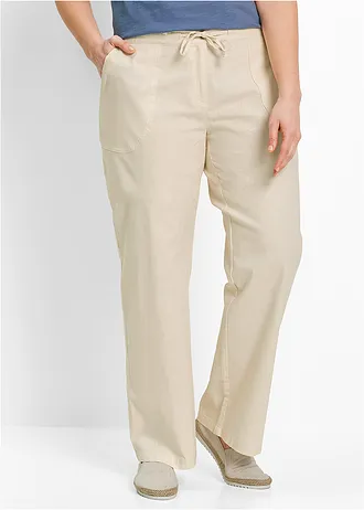 Wijde broek met linnen, Kleur: kiezelbeige